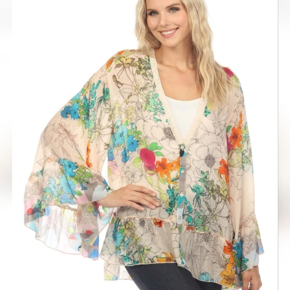 JOHNNY WAS Sequence Georgina Kimono Style Vibrant Floral Blouse NWT Size Medium - Picture 6 of 13